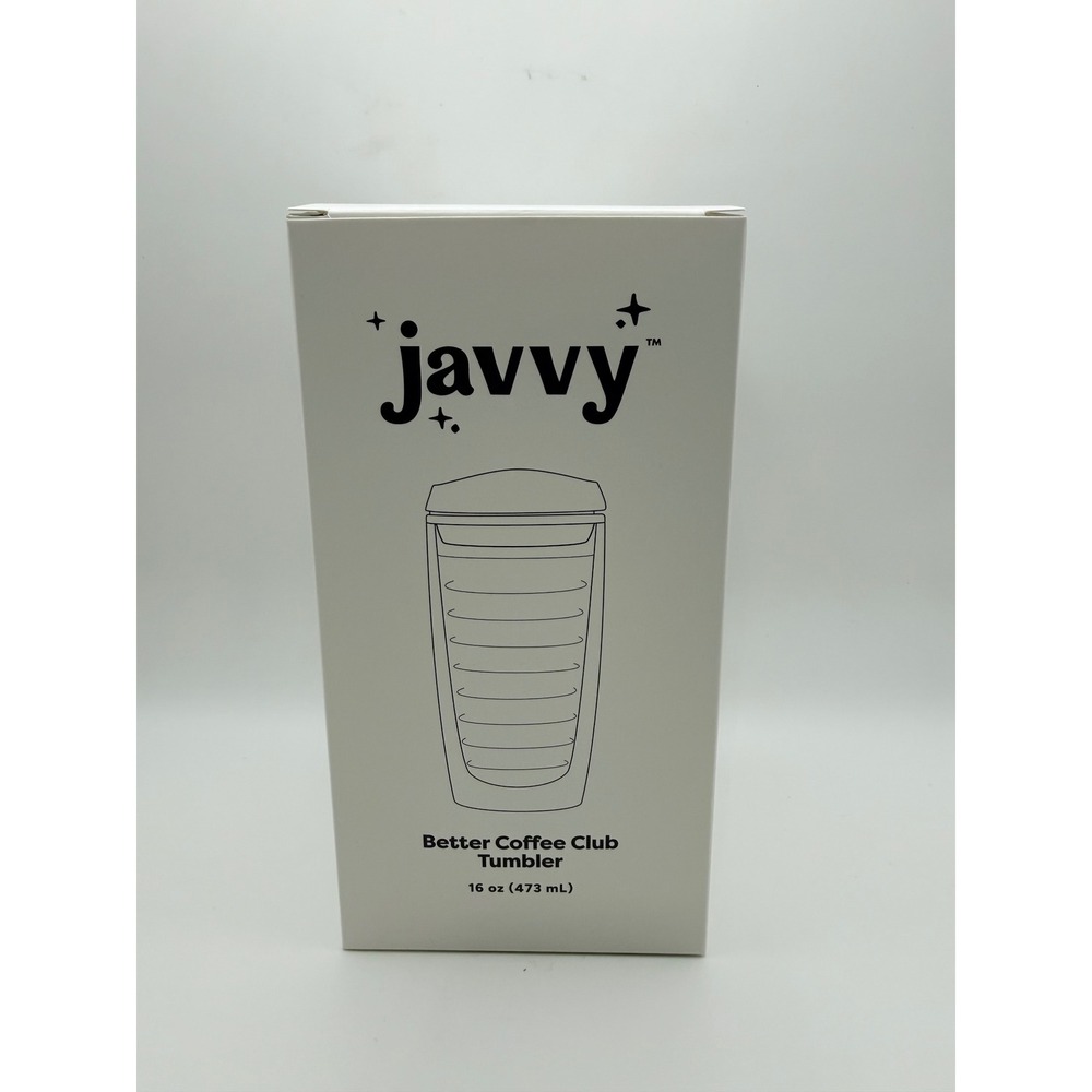 Javvy Better Coffee Club Tumbler 16oz Double Wall‎ Insulated Clear Black Lid NEW